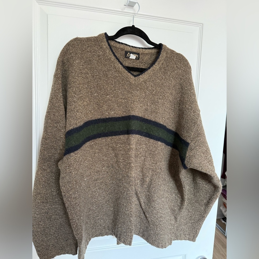 Vintage Wool Gerry Weber Tan V-Neck Sweater with Green Stripe